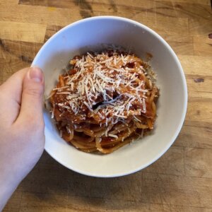 pasta amatriciana with pecorino cheese
