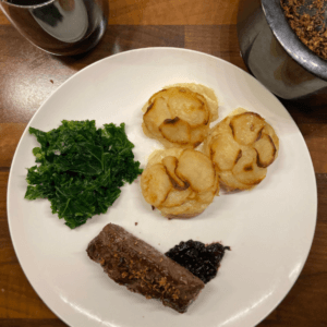 Venison dinner with kale and dauphinoise potatoes
